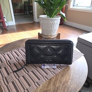 Tory Burch Black Quilted Zip-Around Wallet